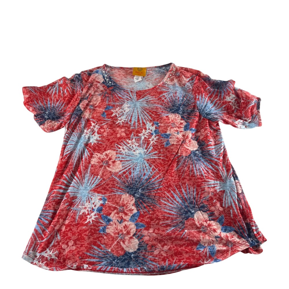 Ruby Rd Petite PM Red Tropical Hibiscus Palm Print Rhinestone Scoop Neck Top‎